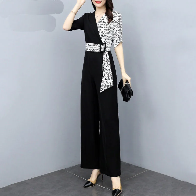 2022 Summer New Fashion Letter Printed Belt Decorative Splicing Jumpsuit Casual High Waist Wide Leg Pants Set Office Overalls