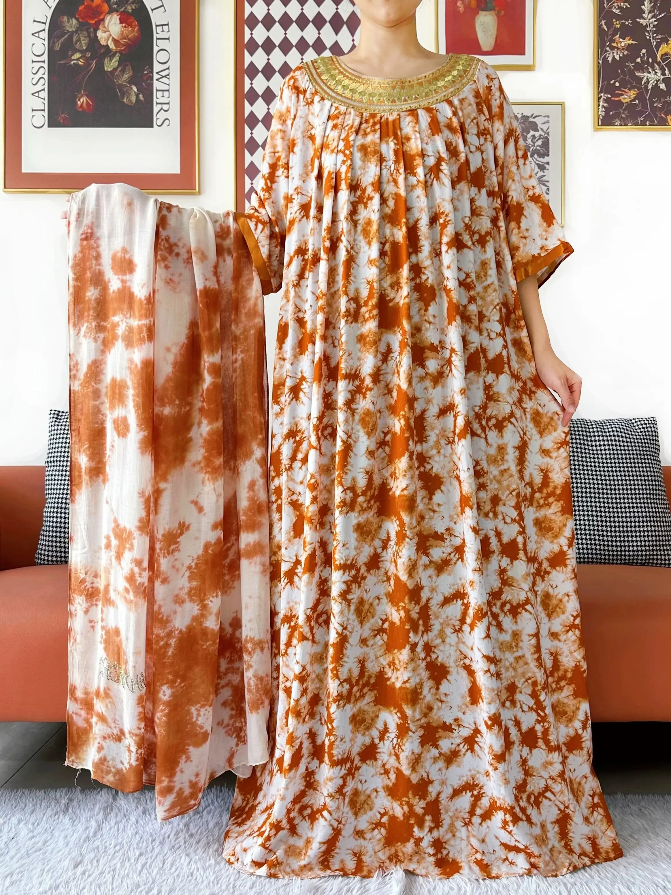 Kashkha أنيقة عباية فستان قصير الأكمام التعادل صبغ القطن المرأة فضفاض عباية بوهو فستان ماكسي فساتين راقية غير رسمية الأفريقية