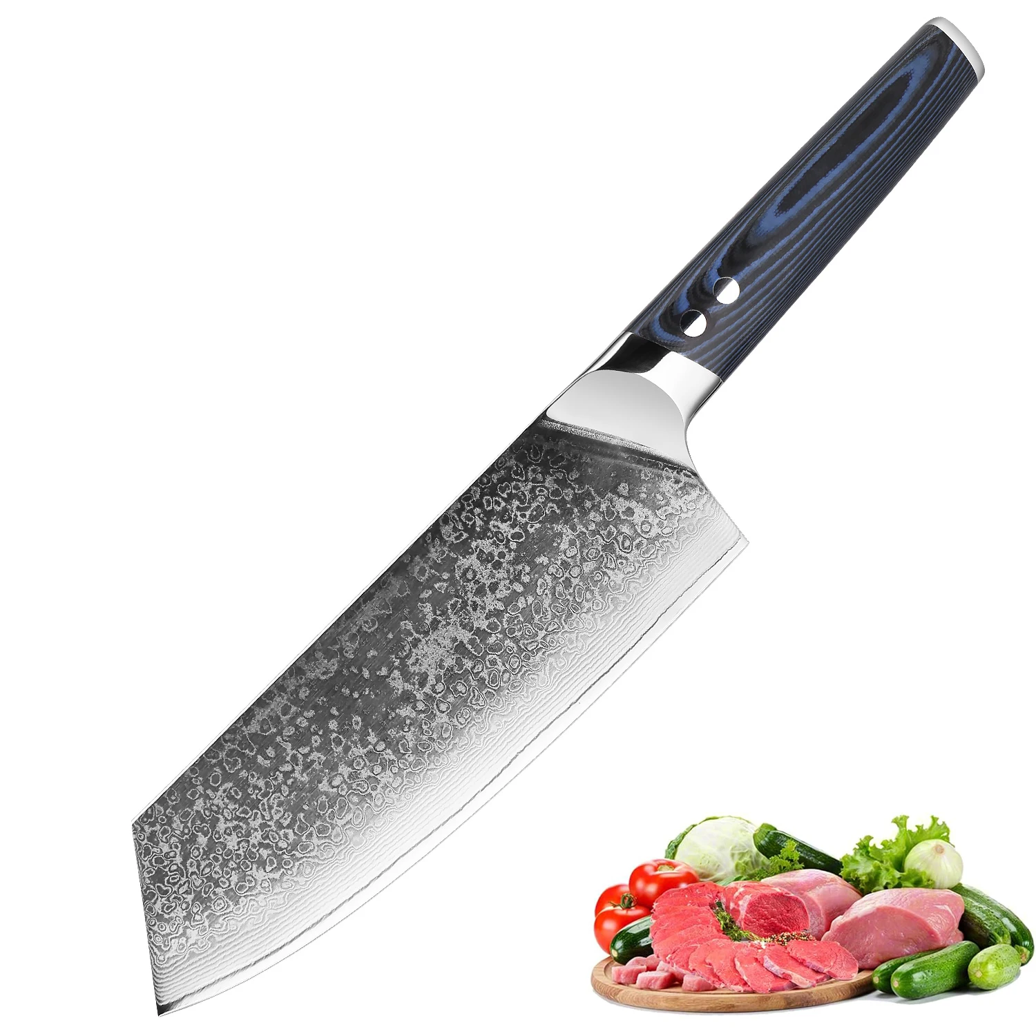 

Широкий кухонный нож, японский поварской нож из дамасской стали, острый, китайский тесак для овощей и мяса, синяя рукоятка G10