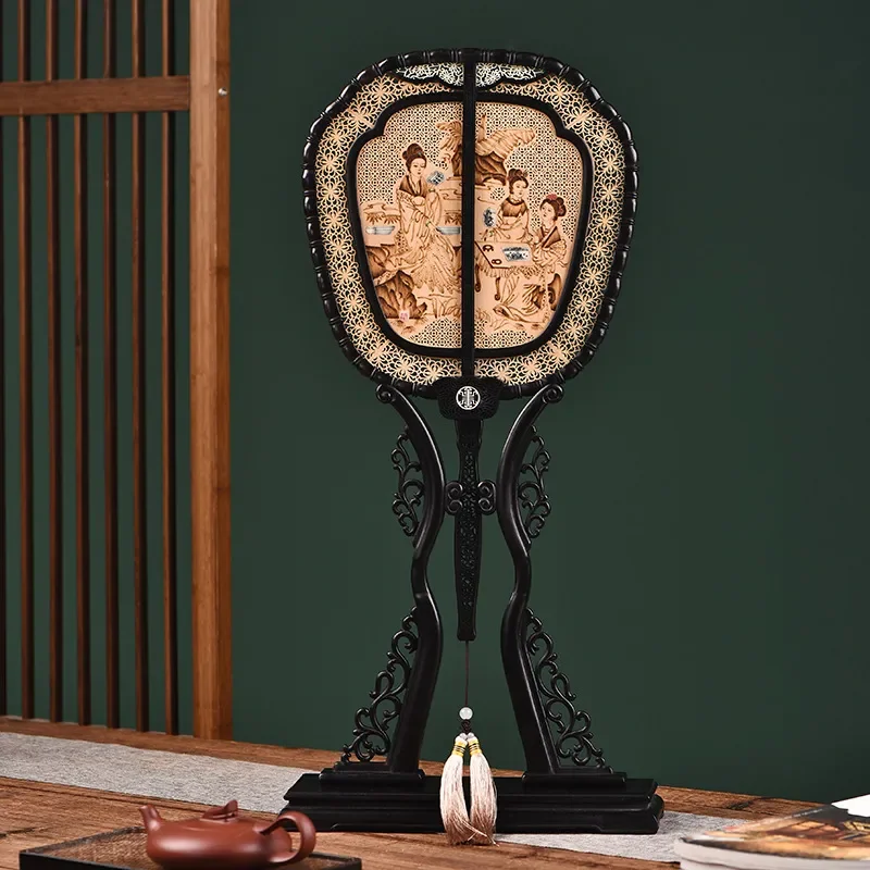 Chinese Style Red Sandalwood Folding Fan Double Sided Palace Design Traditional Handheld Fan Elegant Gift for Women Home