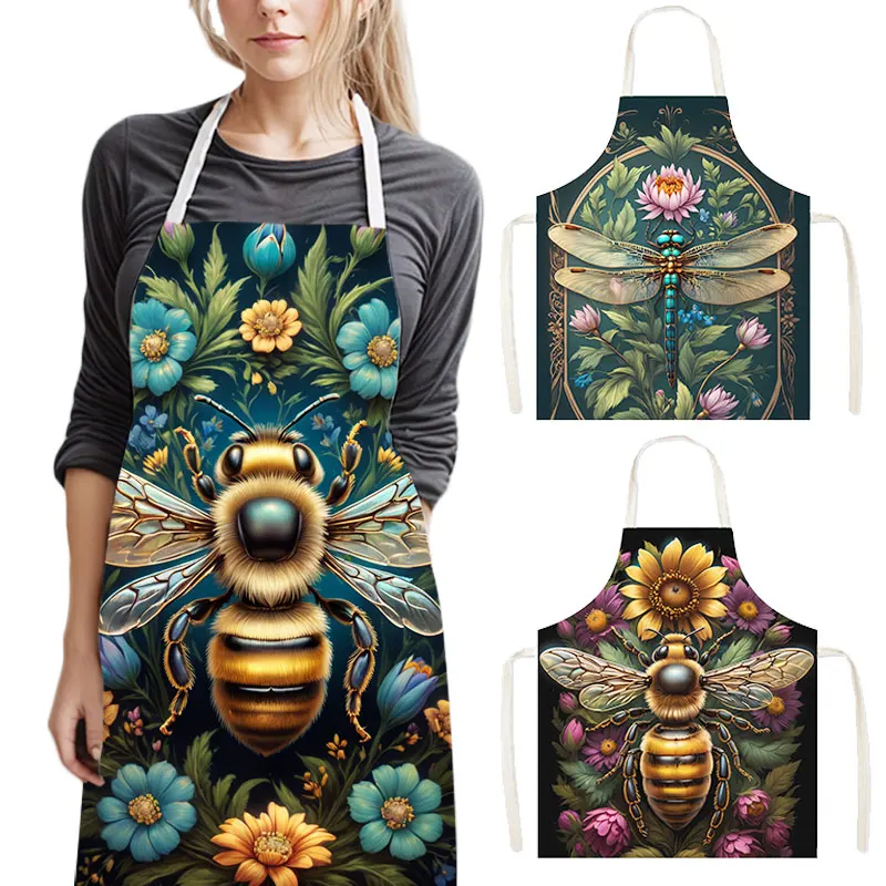 

3D Print Cartoon Golden Bee and Flower Kitchen Aprons Children Bib Women Men Home Cleaning Clothing Barber Waiter Linen Pinafore