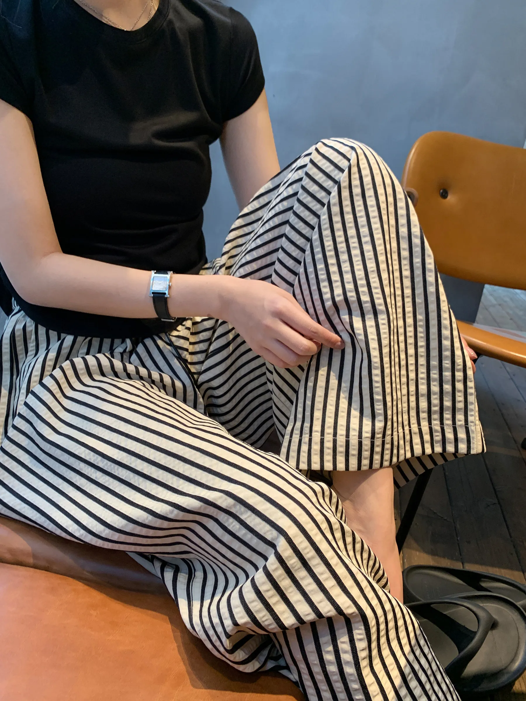 Black White Striped Wide Leg Pants Women Summer Thin Loose Bf Lazy Style Drape Casual Ice Silk Pants High Waist Straight Cut