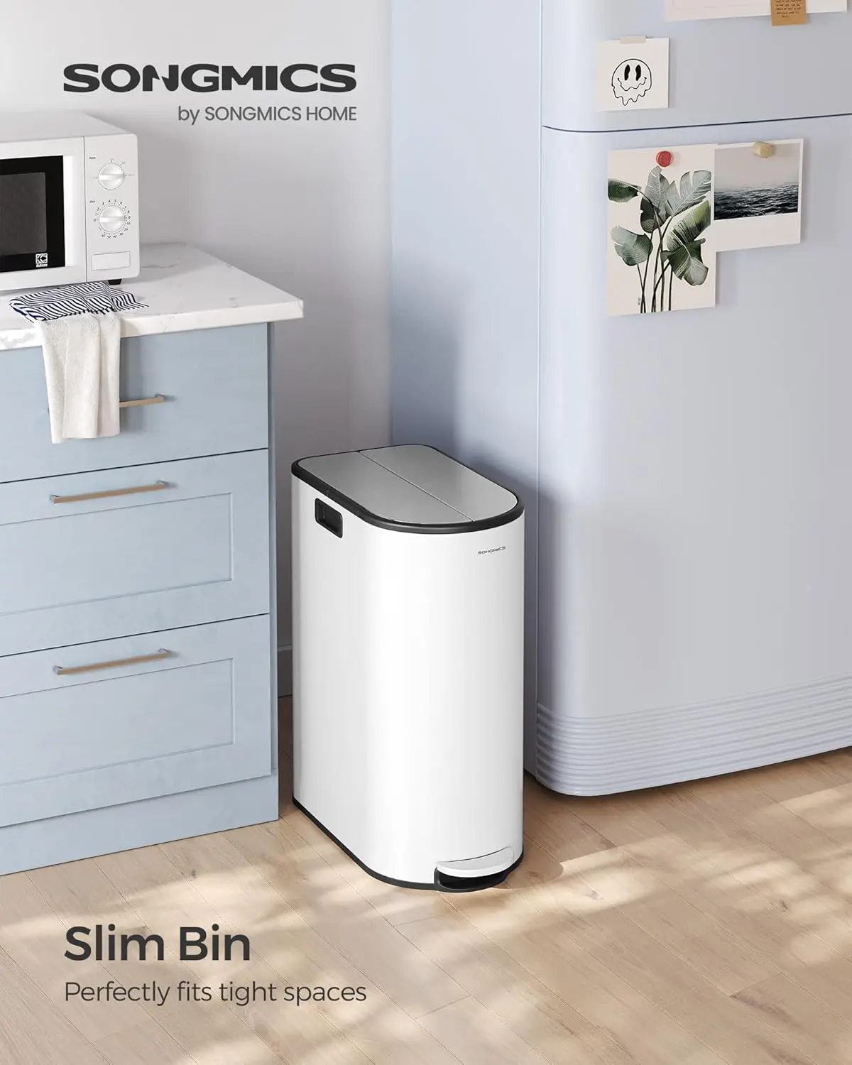 SONGMICS Double Kitchen Bin, 30L and 20L Dual Compartment Slim Bin for Recycling and Waste, Pedal Bin with Wing Lids