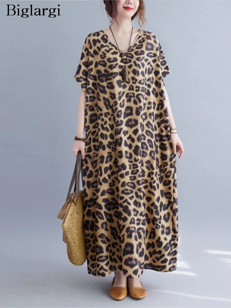 

Oversized Summer Leopard Print Long Dress Women V-Neck Casual Fashion Loose Pleated Ladies Dresses Short Sleeve Woman Dress