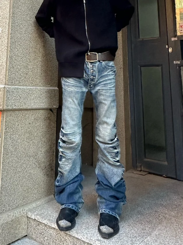 

Retro American Button Color Blo Straight Leg Jeans Men Trendy Slim Fit Casual Long Pants Middle Waist Denim Fabric