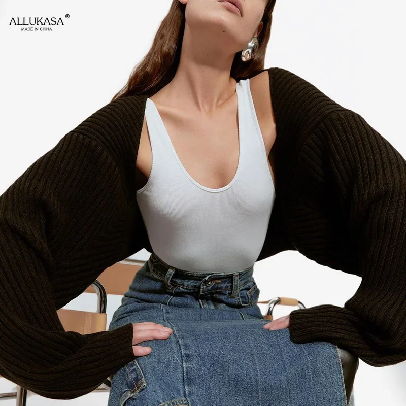 White Women Sweater Shrugs Cropped Top Full Lantern Sleeve Knitwear Pullover Sexy Summer High Street Outwear 2022 Spring