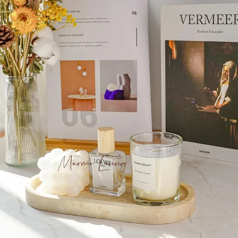 

Travertine Stone Tray for Soap Dispenser Jewelry Perfume Natural Marble Decorative Tray for Bathroom Countertop Vanity Dresser