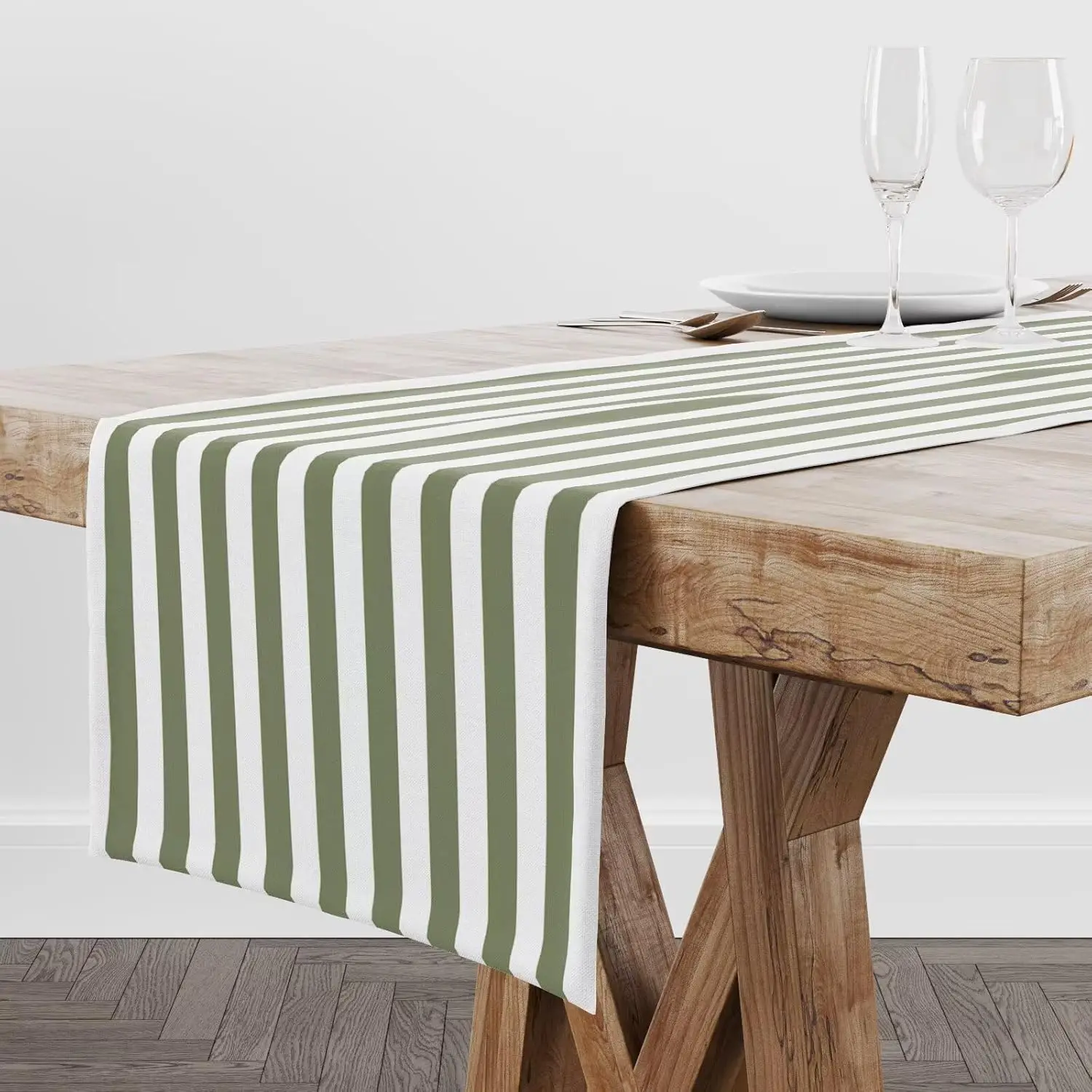 Sage Green Striped Linen Table Runner Holiday Party Decor Reusable Farmhouse Kitchen Dining Table Runner Wedding Party Decor