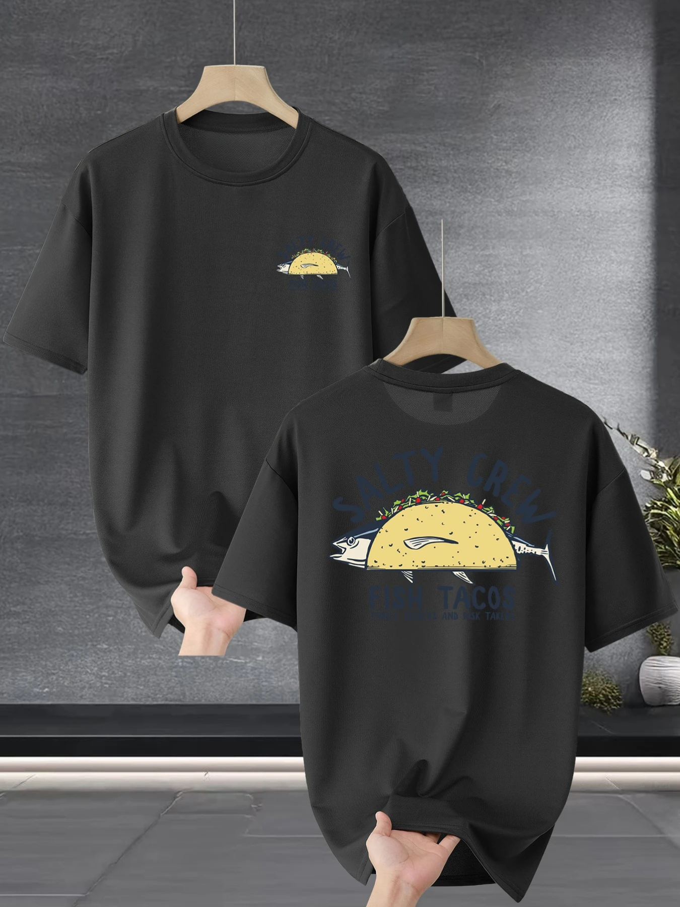 

Men's Casual Loose Fit Graphic T-Shirt - Salty Crew Fish Tacos & Beer Print, Olive Green Summer Eck Top for Casual Attire