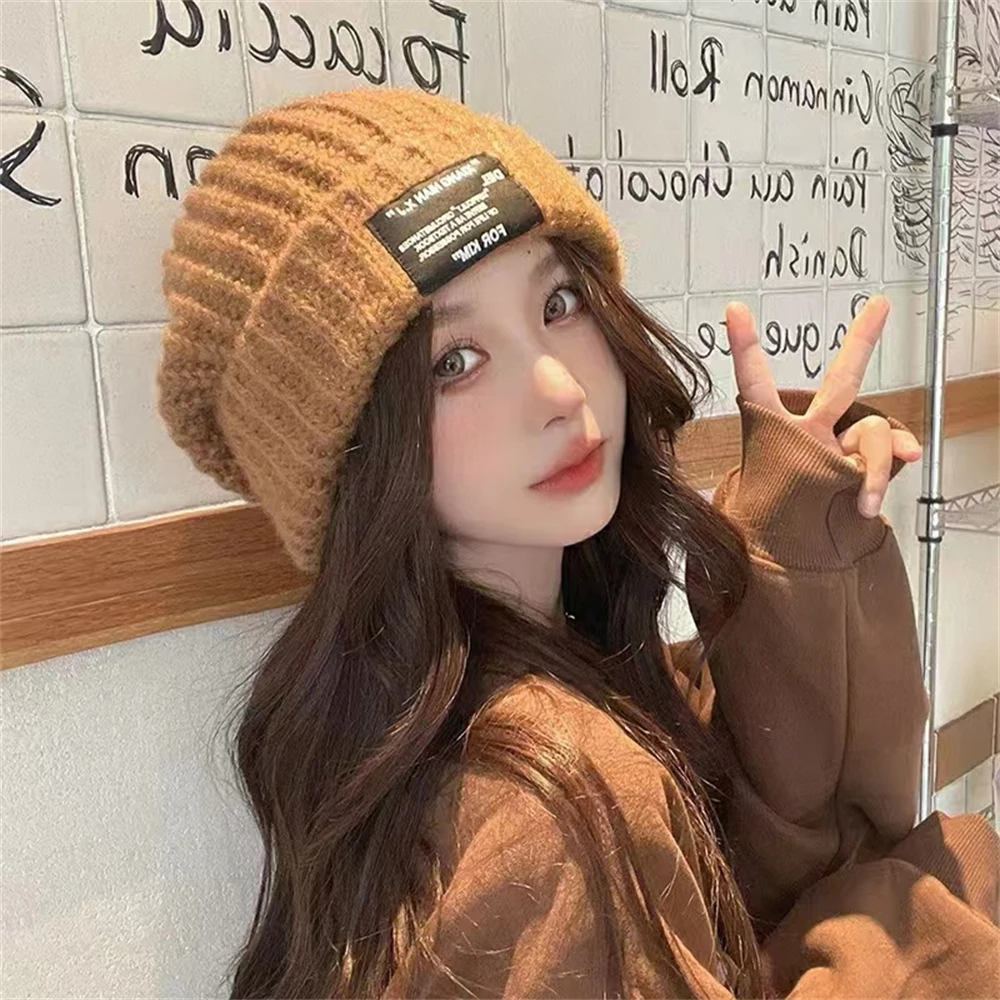 2024 Korean Warm Knitted Hat Solid Color Windproof Woolen Hats Women Ski Slouchy Cap Skull Warm Knitted Beanies Hat Balaclava