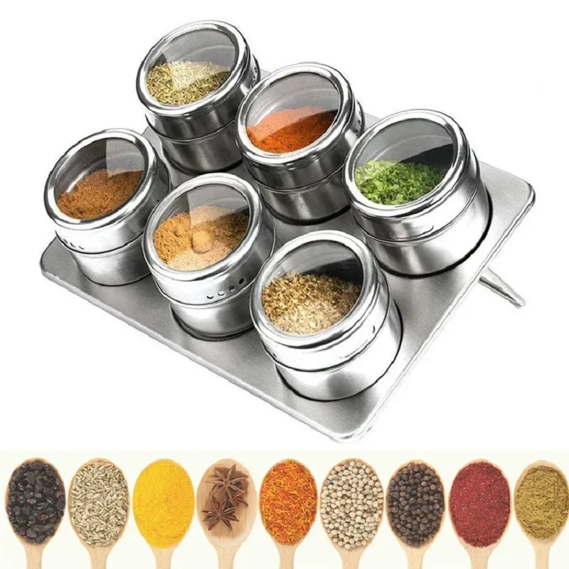 Seasoning Jar Magnetic Visible Stainless Steel Seasoning Storage Box 6pcs and 9pcs Outdoor Barbecue Kitchen Supplies