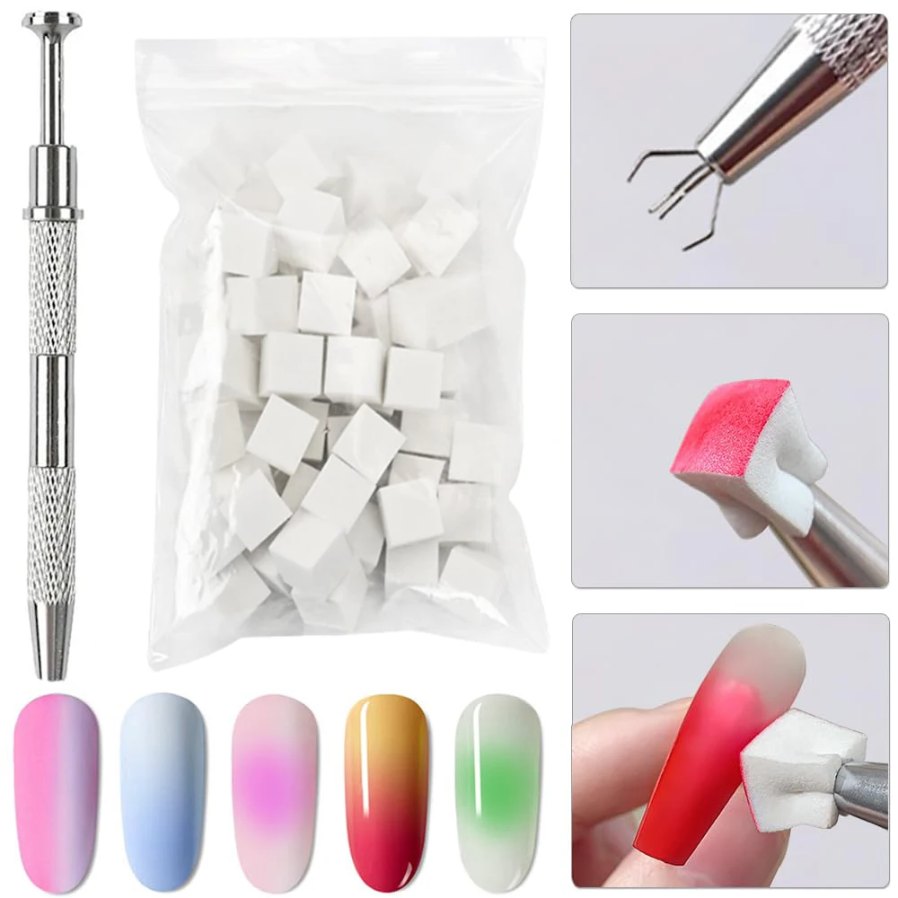 

50pcs 10*10mm Soft Sponges+1PC Pick Clip,Gradient Nail Art Stamper Brush Tools Set,manicure Creative Squar Sponge&Gripper Kits