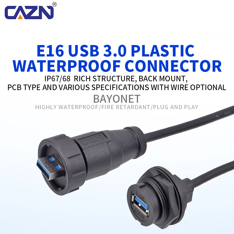 E16 Bayonet Quick Lock USB 3.0 Waterproof Overmolded Plug Male Female IP67 0.3M 1M 2M 3M for Machine Vision & Data Transfer