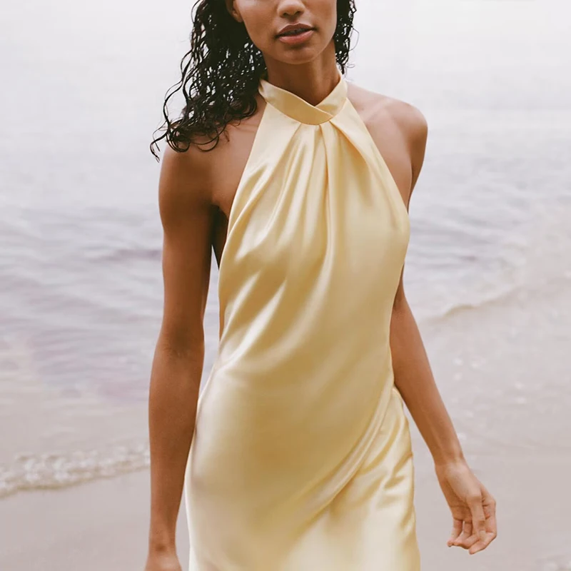 Silk Satin Feel Bal Neline Dr Women's Summer New Sle Polyester Fiber  Daily Wear No Sve China Made