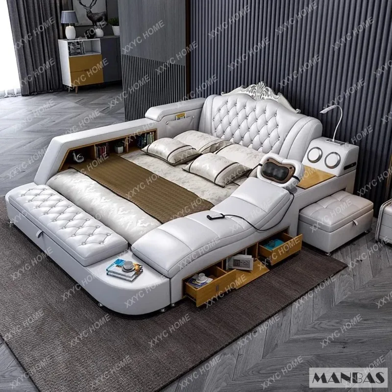 XXMANBAS Ultimate Bed Frame Tech Smart Multifunctional Bed With Genuine Leather Massage USB Bluetooth Speaker Tatami
