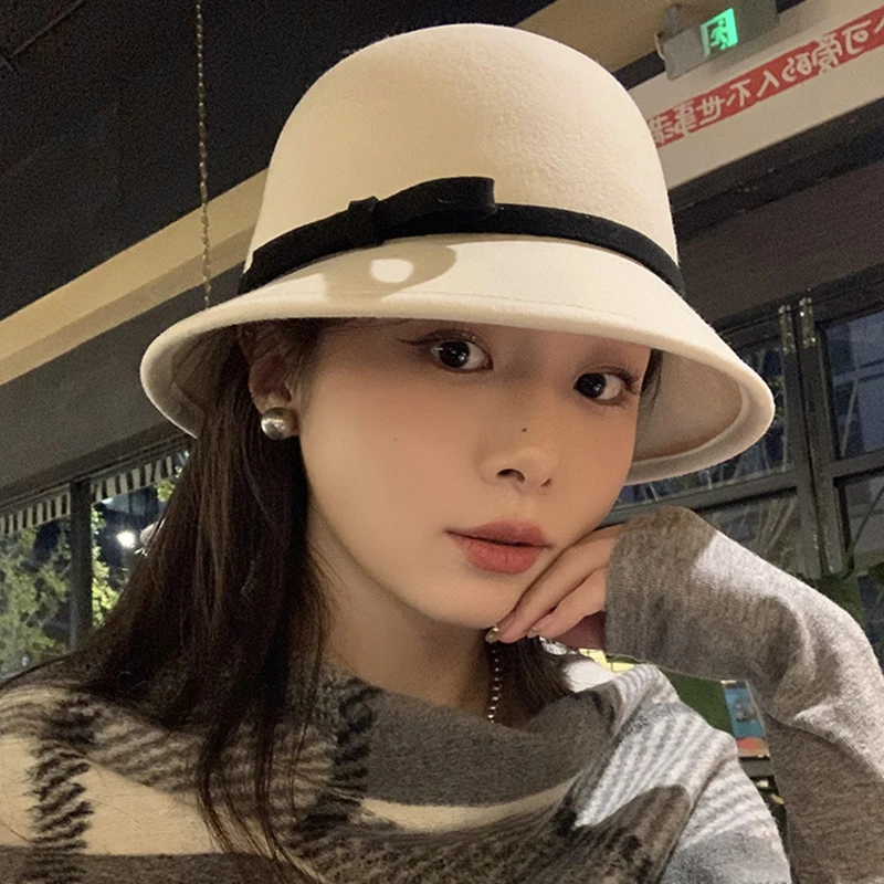 Autumn Winter French Bow Bucket Hat Women Sweet Felt Hat With Folded Shape