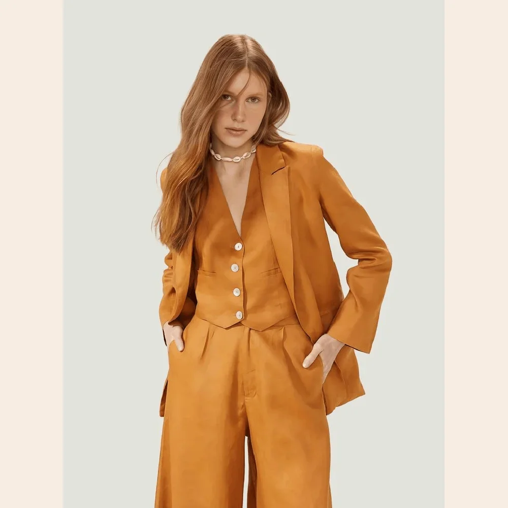 Orange Women Pants Set High-end Single Breasted Female Three Pieces(Blazer+Trousers+Vest)