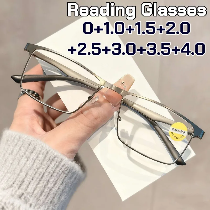 

Men's Business Reading Glasses Luxury Metal Square Frame Anti Blue Light Presbyopia Glasses Stylish Farsighted Eyewear Diopter