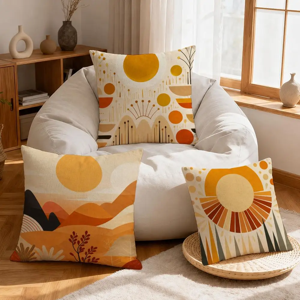 Sun Rainbow Mountain Geometric Cushion Cover Linen Anti‑mite Antibacterial Cushion Cover Invisible Zipper for Couch Living Room