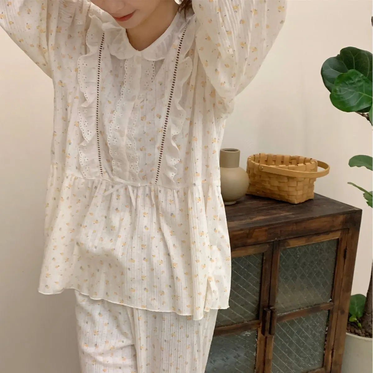 Ensemble de pyjama en coton imprimé fleuri pour femme, olympiques de surintendant, vêtements de nuit doux, col beurre, vêtements de maison, printemps, automne