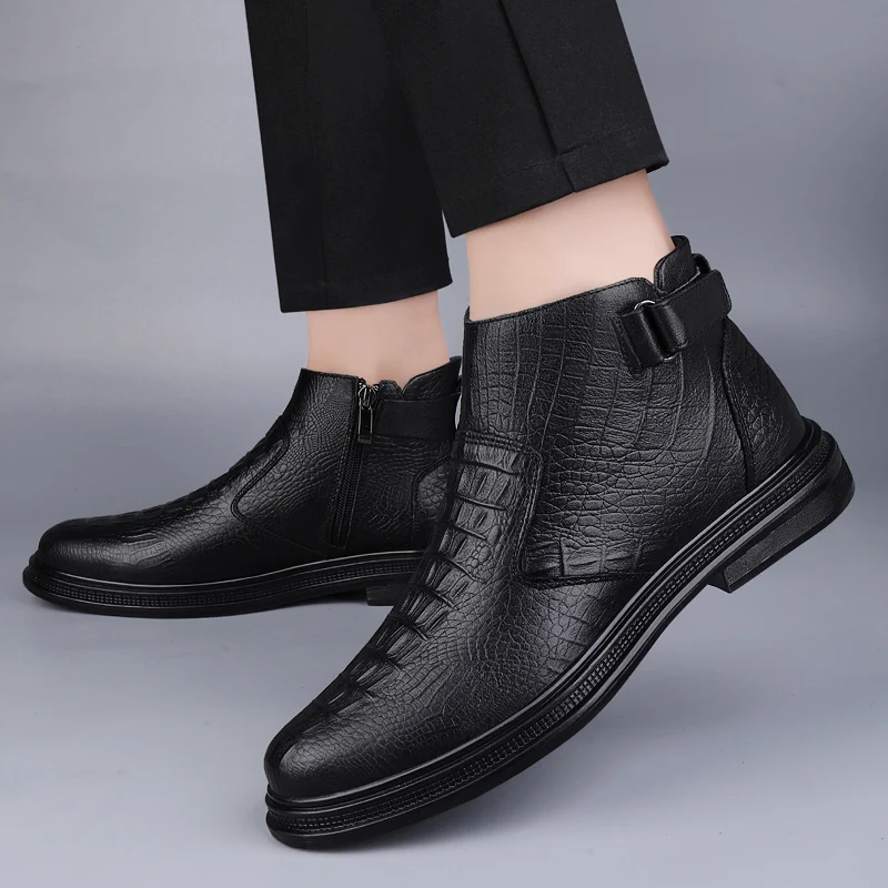 New Fashion Trends Mens Chelsea Boots Genuine Leather Ankle Boots Slip-on Man Business Shoes Cowhide Boots Fur Warm Winter Boots