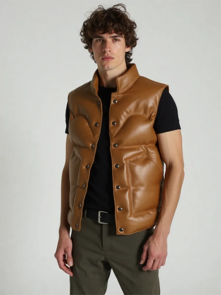 

Brown Winter Leather Down Vest Men Casual Style Plus Size 5XL Genuine Natural Sheepskin Stand Collar Single Breasted Vest