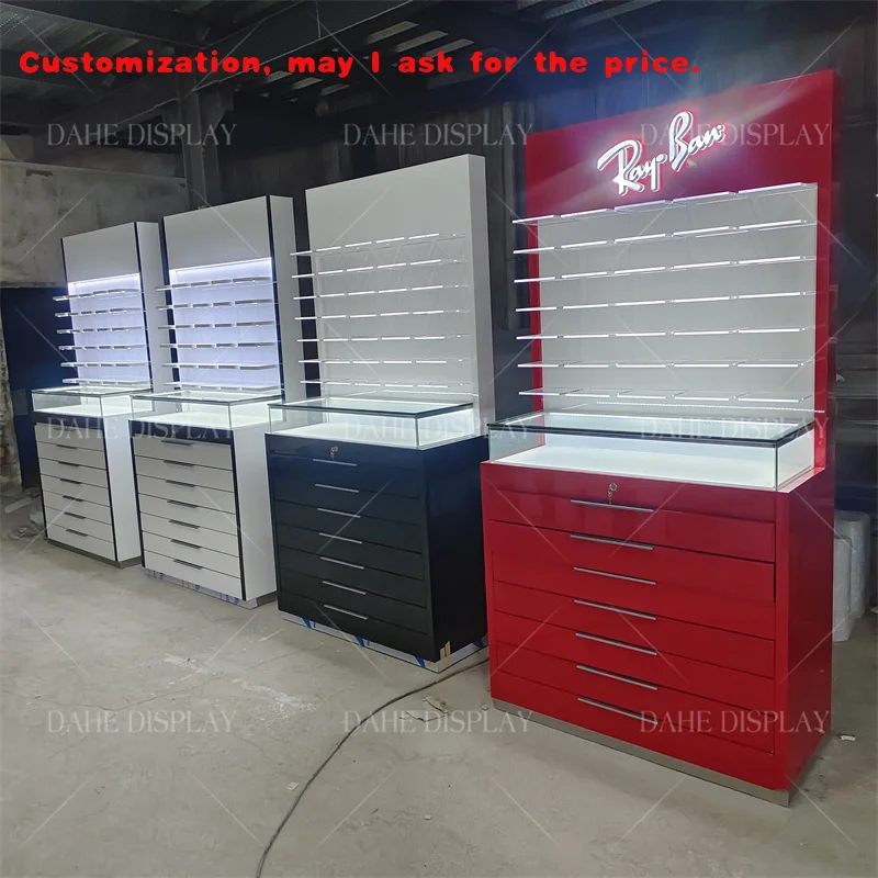 

Изготовленный на заказ. Постоянный шкаф для очков по индивидуальному заказу с подсветкой. Оптическая мебель. Витрина для солнцезащитных очков. Оптический дисплей.