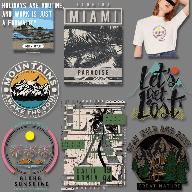 California Beach Aloha Sunshine Florida Miami Paradise Ocean Drive Stay Wild and Free Great Nature Iron-on Stickers for Clothes