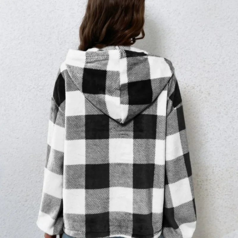 Autumn and Winter Women's Pullover Solid Plaid Half Open Collar Button Hooded Loose Fit Sweater Fashion Elegant Commuter Tops