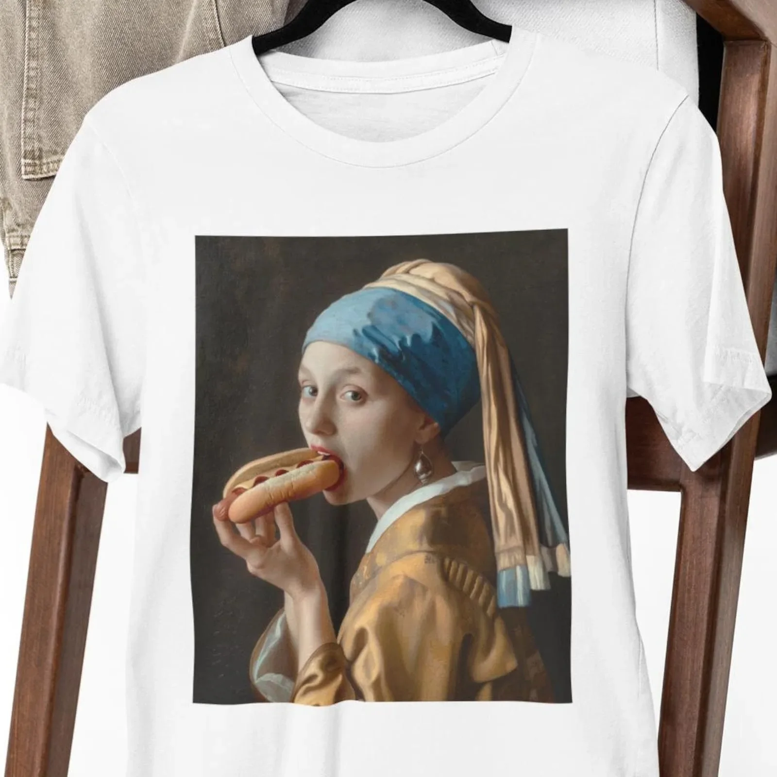 Funny Vermeer Parody T-shirt – 'Girl with a Hot Dog' Modern Twist on Classic Art