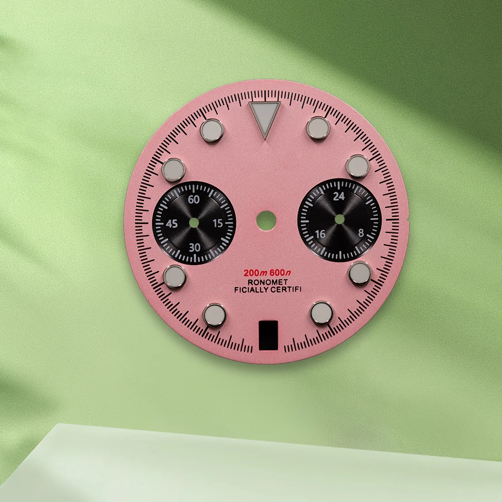 29.5mm logotipo s rosa panda vk63 mostrador 6 horas calendário sem mãos caber movimento vk63 verde luminoso relógio modificação acessórios