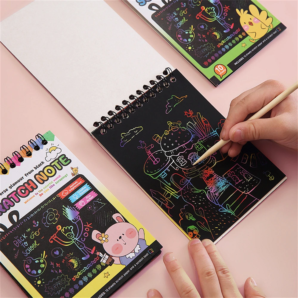 Arco-íris Scratch Art Notebooks para crianças, Scratch Off Paper Notebook, Esboço preto, Doodle Pad com pinturas Craft Kit, 10 páginas