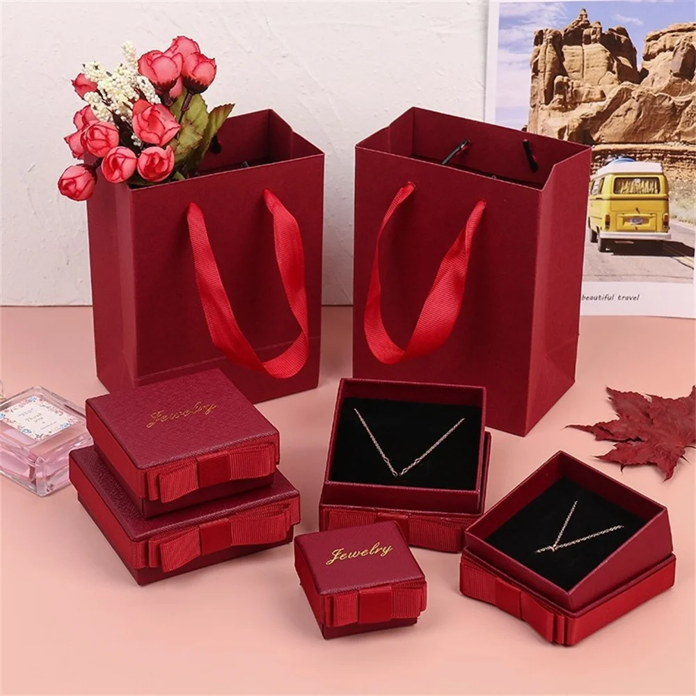 Simple Square Jewelry Box Ribbon Bow Decoration Gift Packaging Display Earrings Necklace Pendant Case Paper Organizer New