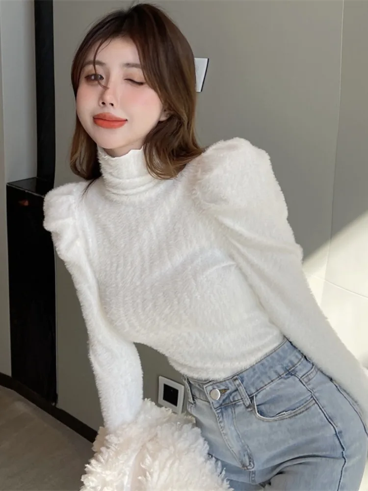 

Женский базовый слой High Ne Long Sve Knitted Sea Hair Top Design Sensation Spicy Girl Bubble Sve Pure Desire