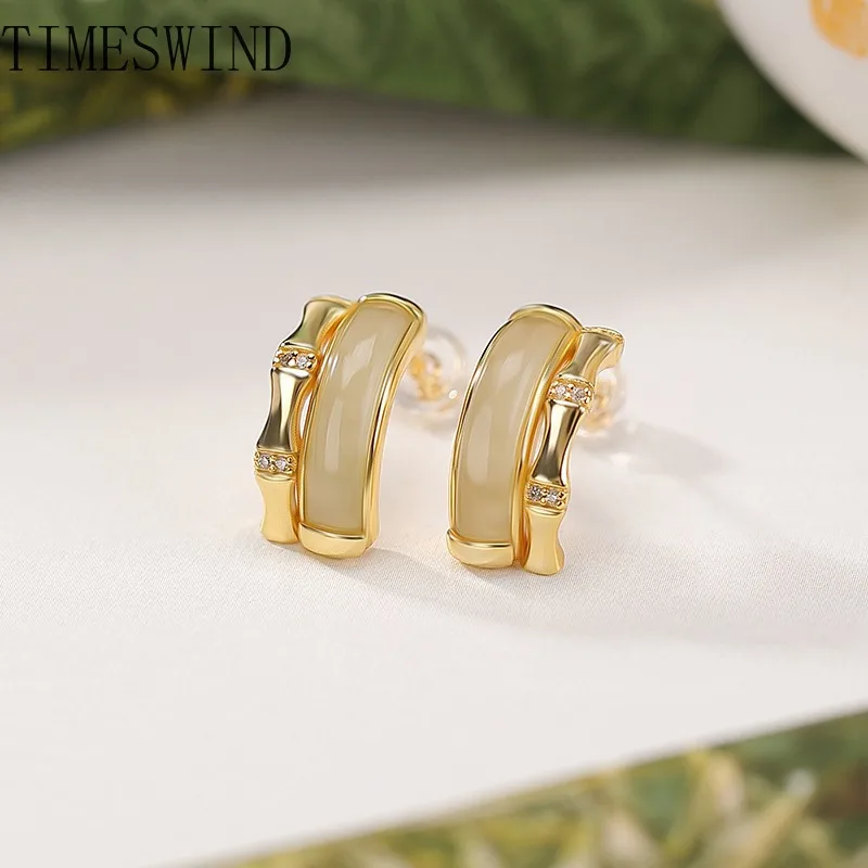 

TIMESWIND Аутентичные настоящие нефритовые светло-зеленые бамбуковые серьги S925 с цирконием, женские модные серьги, ювелирные изделия с сертификатом