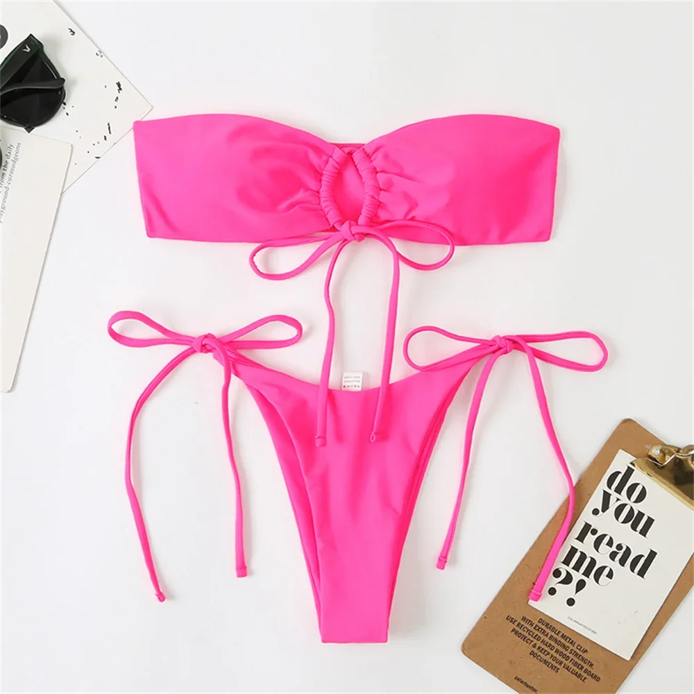 Cute Strapless Bandeau Swimsuit Micro String Sexy Bikini Thong Y2K Swimwear Bathing Suit Women Beachwear Outfit Biquini Feminino