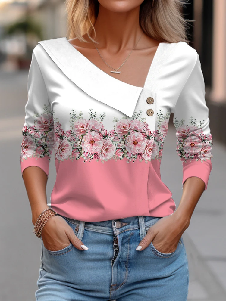 T Shirt For Women Fashion Long Sleeve Top White Floral Print Shirts And Blouses 3D Print Clothes For y2k Women Tops 2023