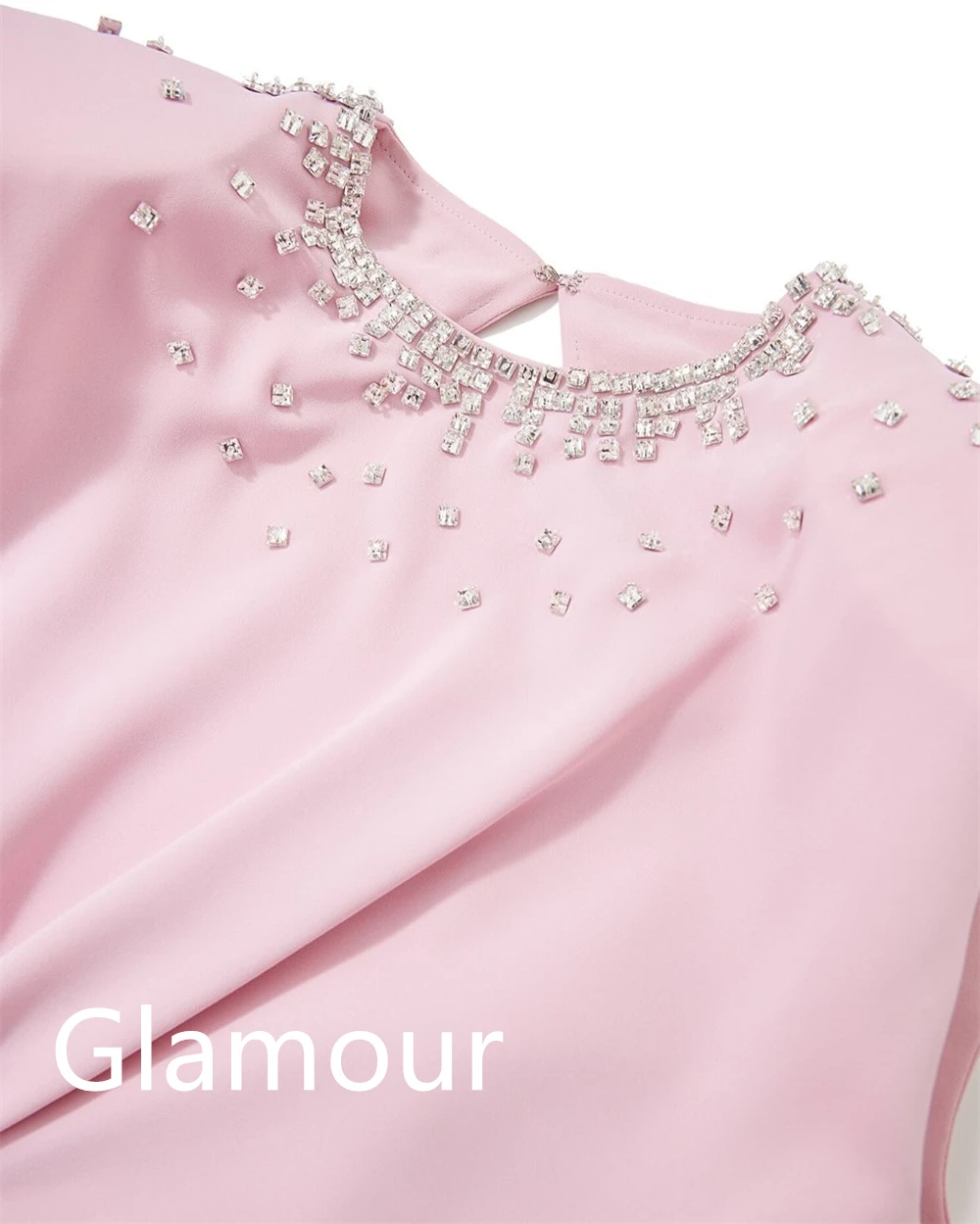 Customized Exquisite Pink Jersey Evening Dress Temperament Crew Neck Cap Sleeve Sleeveless Crystal Bespoke Occasion G