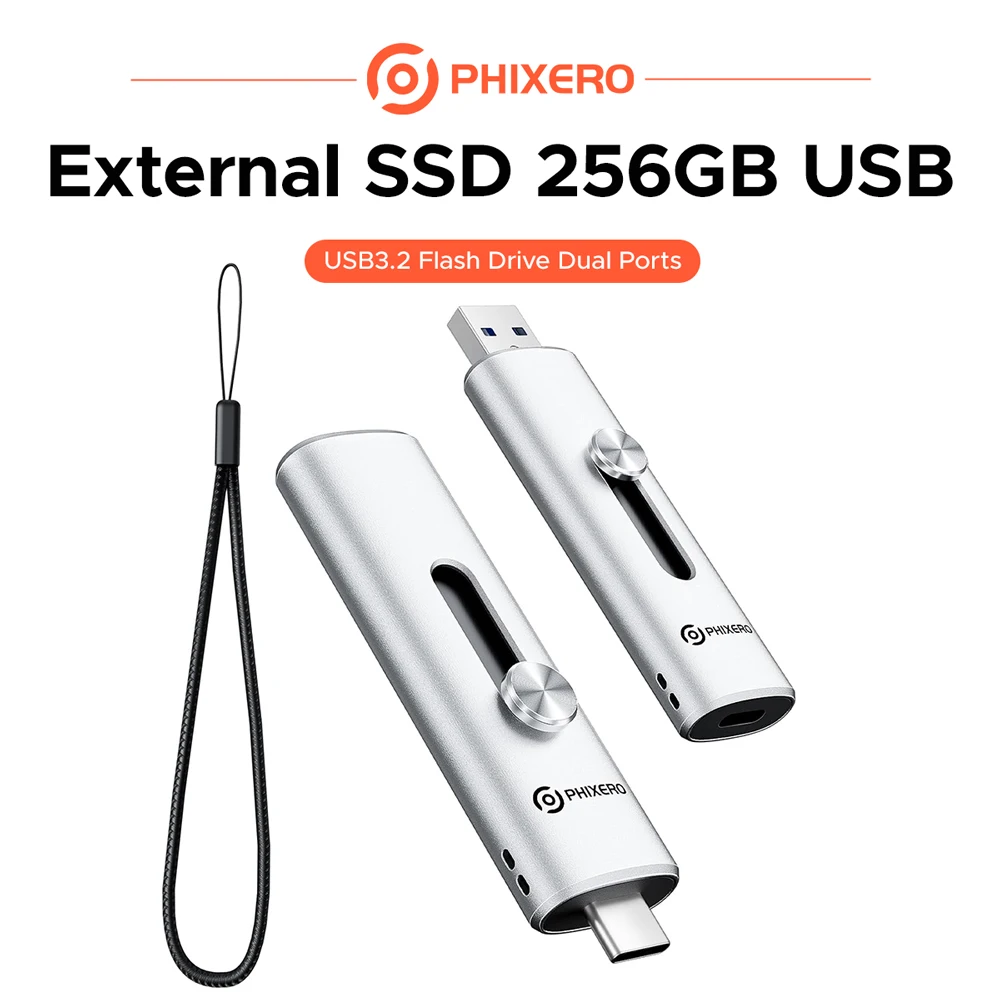 PHIXERO USB Drive 256GB External SSD Up to 1100MB/s USB 3.2 Gen2 Flash Drive Dual Ports Portable Thumb SSD Stick for iPhone&PC