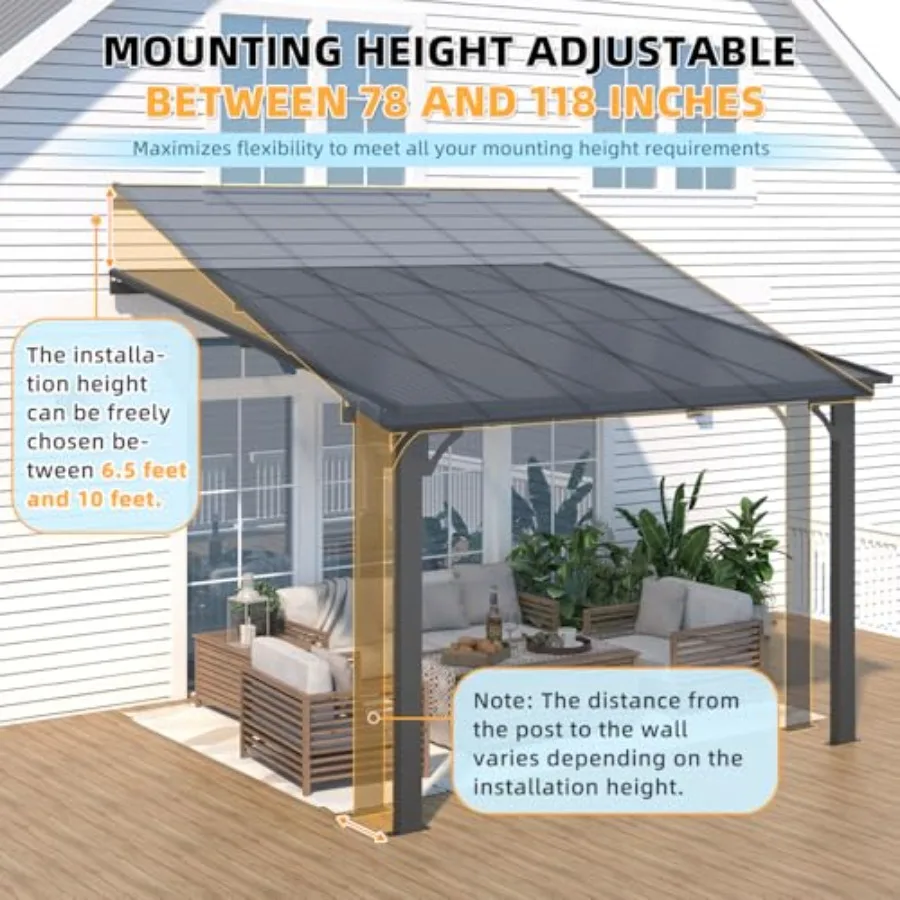 10' x 10' Adjustable Height Outdoor Gazebo Pergola for Patio, Large Wall-Mounted 6.5-9.8 Feet Hard Top Lean to Metal Heavy Duty