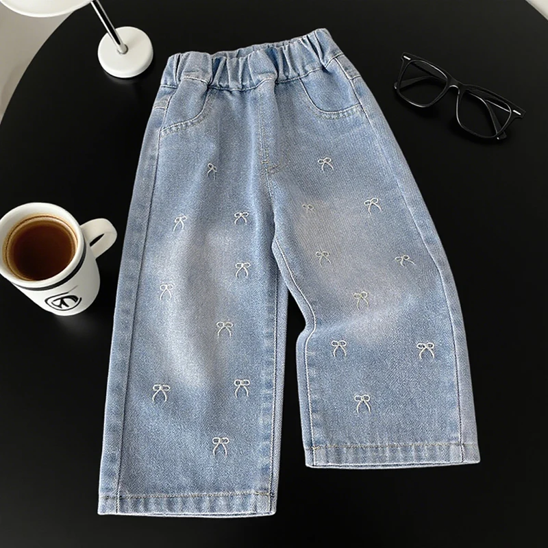 Girls' Embroidered Bow Wide-Leg Denim Pants