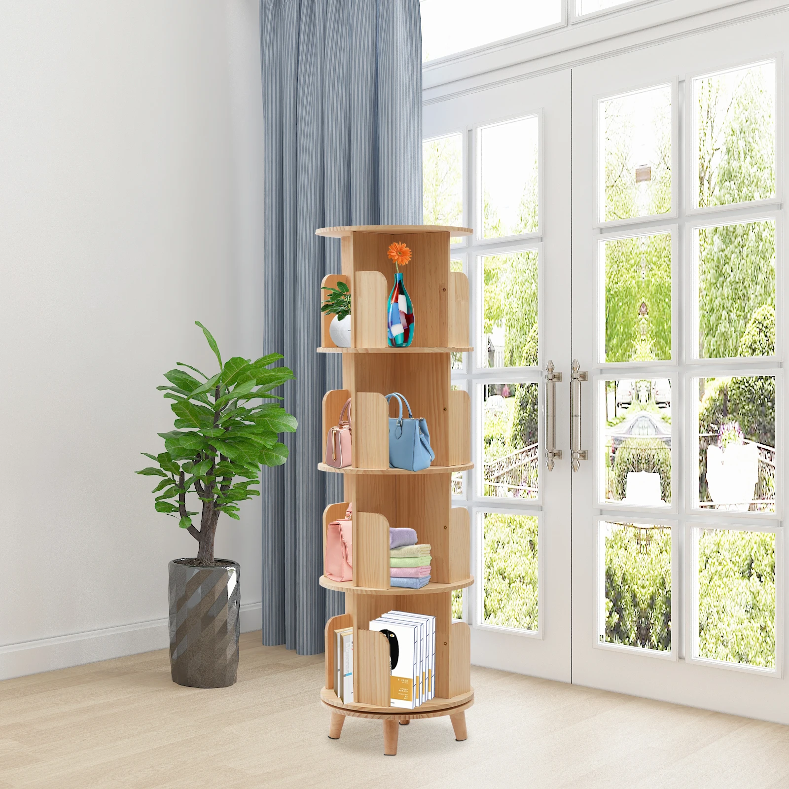 4 Tiers 360° Degree Rotating Swivel Bookshelf Display Shelf Pine Wood Cylindrical Bookshelf Free Standing Storage Rack For Home