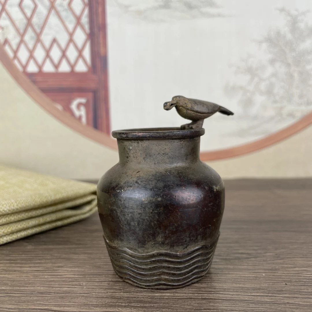 

Antique copper alloy pine bamboo flower bird high relief vase furniture decoration handicraft ornament
