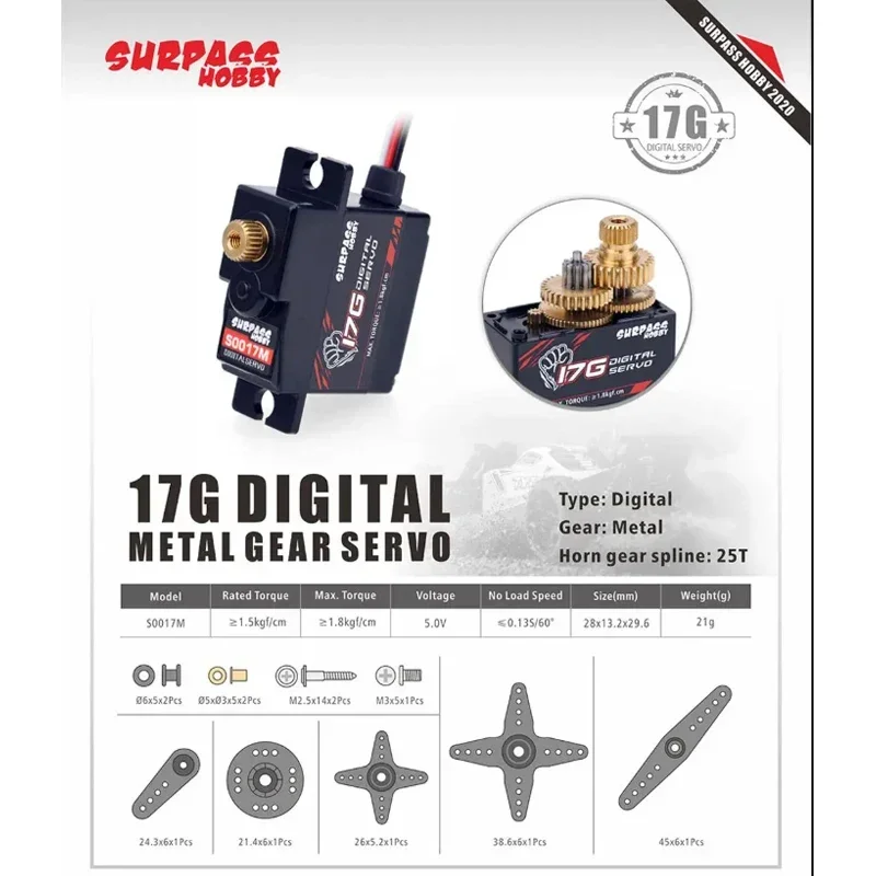 SURPASS Hobby S0017M 17g High Quality Metal Gear 1.8KG Digital Servo for RC Airplane Robot 1/18 1/16 Truck Car Boat Duct Plane