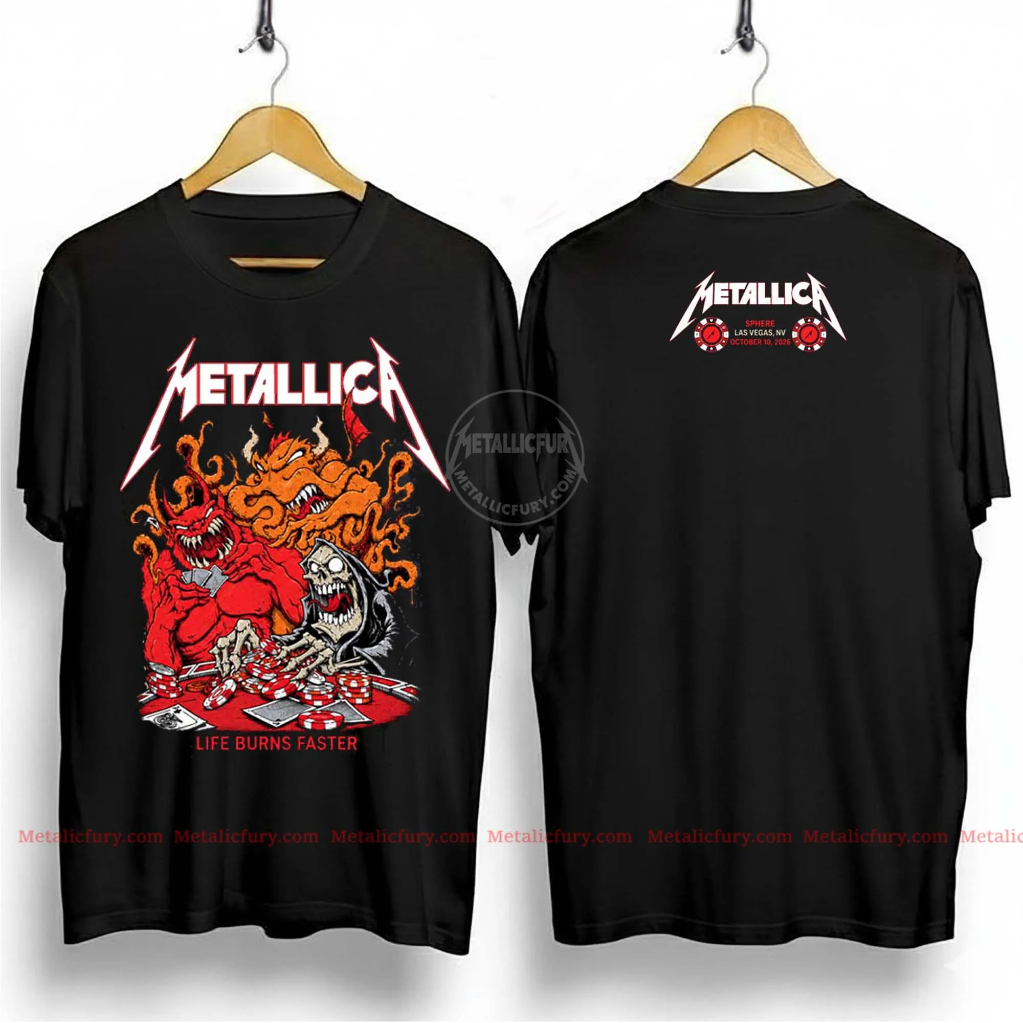 Metallica 2026 Las Vegas Sphere Tour Tshirt Life Burns Faster Octopus Devil Poker Casino Double Sided Print Unisex Rock Heavy