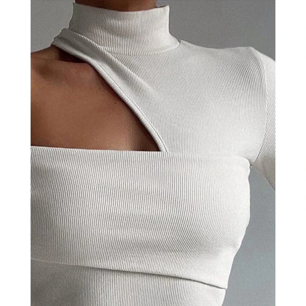 Cut Out Ribbed Knitted T-shirts for Women Solid One Shoulder Long Sleeve Turtle Neck Casual Streetwear Spring and Autumn