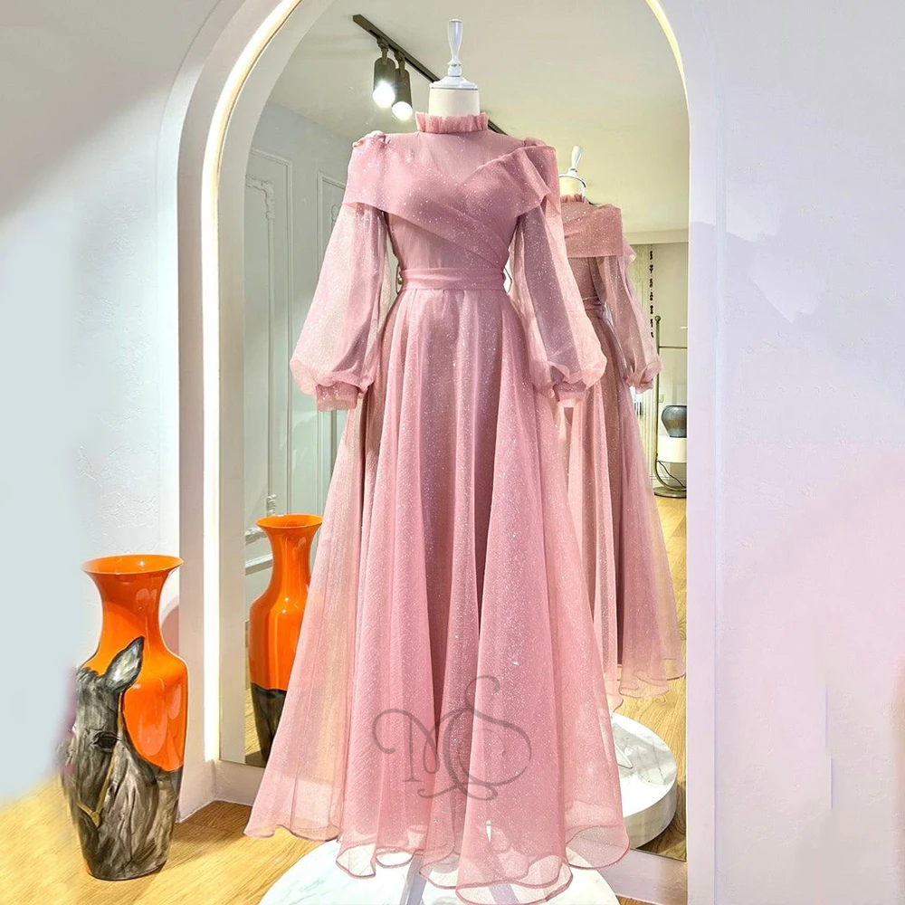 Pink Formal Evening Gowns For Women 2023 High Neck Puff Sleeves Prom Gowns With Belt Tulle A-Line Floor Length Robe De Soirée