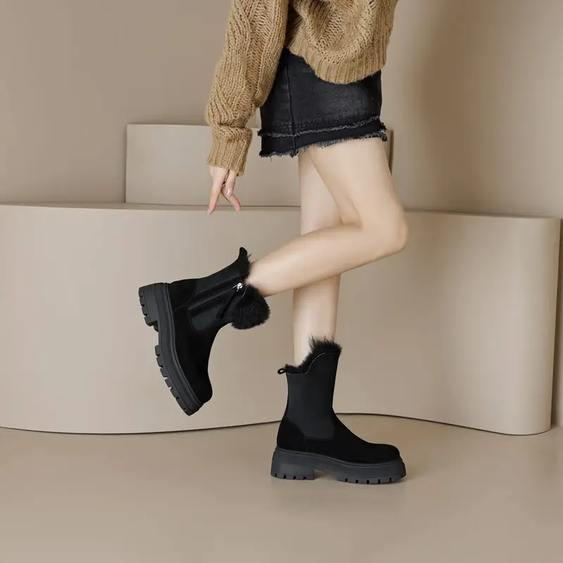 MORAZORA 2024 New Suede Leather Snow Boots Women Zipper Platform Winter Boots Solid Color Ladies Ankle Boots For Women Shoes