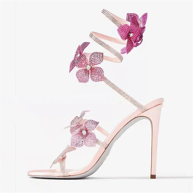 Eilyken Street Style CRYSTAL Flower Thin Heels Women Sandals Sexy Narrow Band Ankle Strap Ladies Shoes Zapatos De Mujer