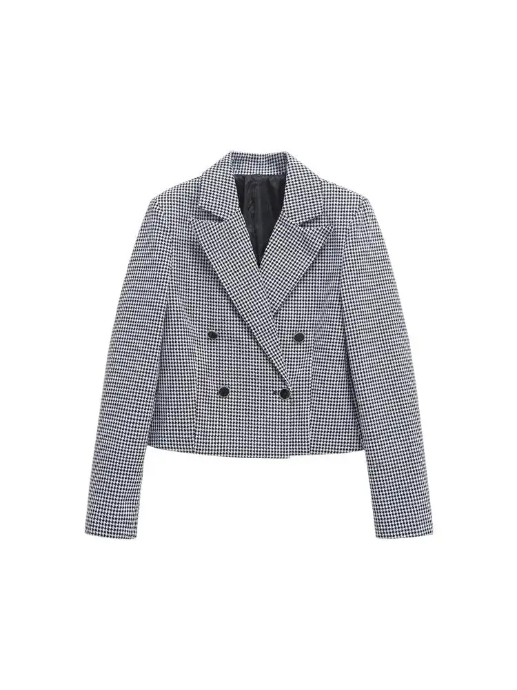 TRZA Double-breasted Houndstooth Blazer Coat for Women Long Sleeve Lapel Collar Chic Outerwear Fashion Tops